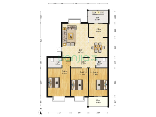 新世纪花园 3室1厅2卫 138平方