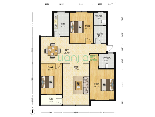 天马花园 3室2厅3卫 133平方