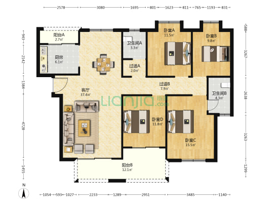 中岭景苑 4室1厅2卫 158平方
