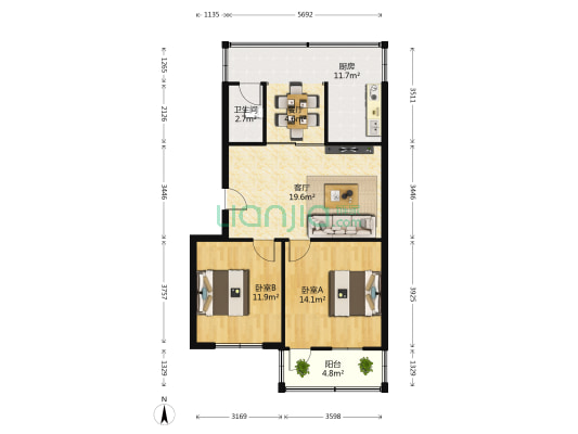 中山北路110号 2室2厅1卫 80平方