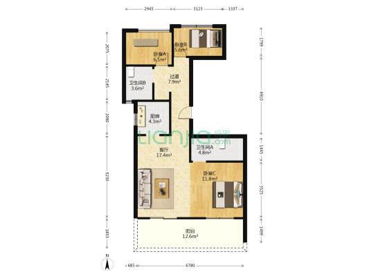 卓悦华庭（上城区） 3室1厅2卫 89平方