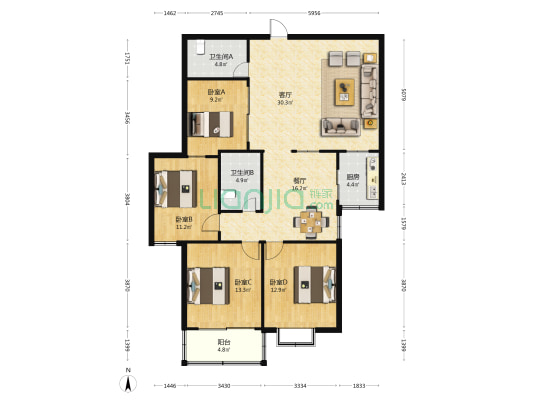鸿源天城 4室2厅2卫 150平方