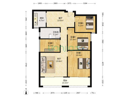 山水誉峰 4室2厅1卫 107平方