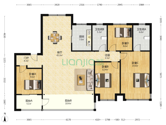 龙湖天宸原著 4室1厅2卫 175平方