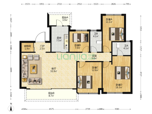 首开龙湖景粼玖序一期 4室1厅2卫 145平方