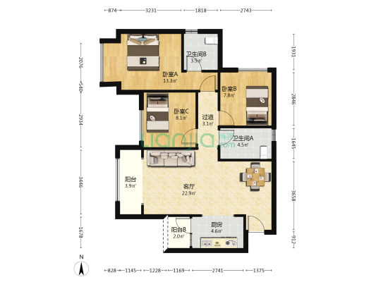 学府壹号二期 3室1厅2卫 88平方