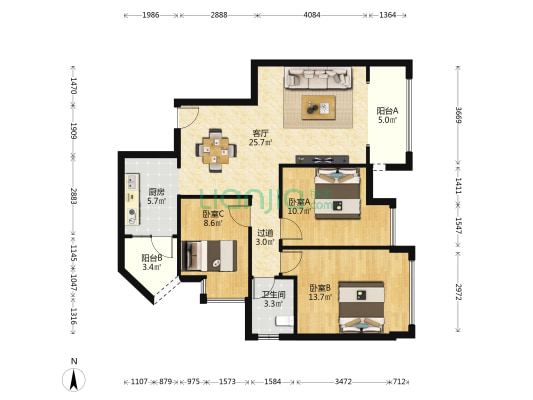 鸿鸥北城中心 3室1厅1卫 94平方