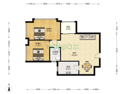 麓湖阁 2室1厅1卫 96平方