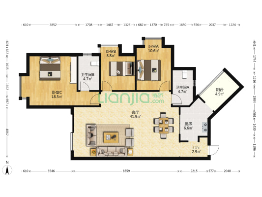 九龙坡精装三房带家具家电出售，看房方便-户型图