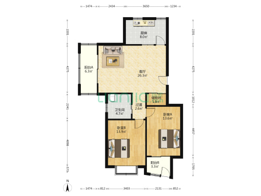 华能时代花园 2室1厅1卫 93平方