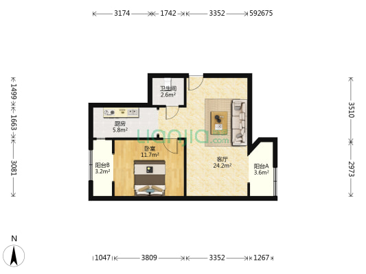 月云公寓 1室1厅1卫 74平方