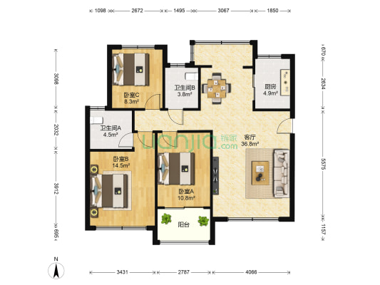 翡翠清河东区 3室1厅2卫 124平方