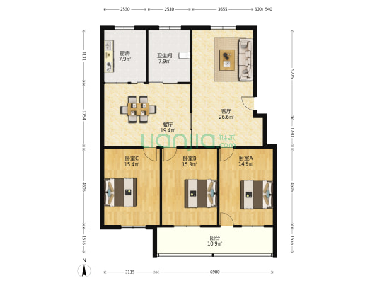 幸福小区 3室2厅1卫 135平方