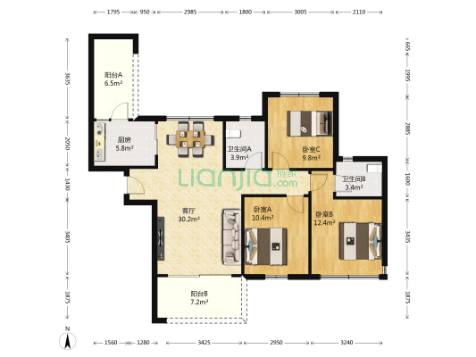 美家好花园城 3室1厅2卫 86平方