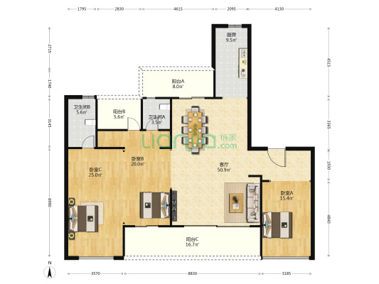 长房国际广场 3室1厅2卫 200平方