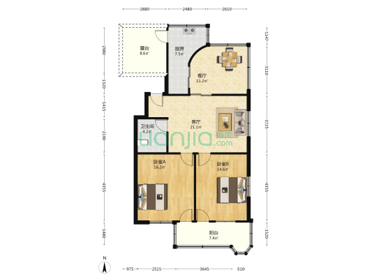 双塔B组团小区 2室2厅1卫 72平方