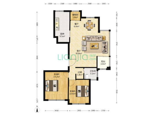 中基理想城 2室2厅1卫 115平方