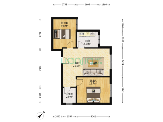 贵政大厦 2室1厅1卫 107平方