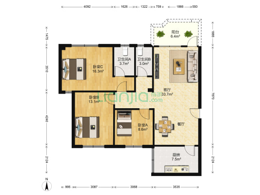南兴花园(番禺区) 3室1厅2卫 110平方