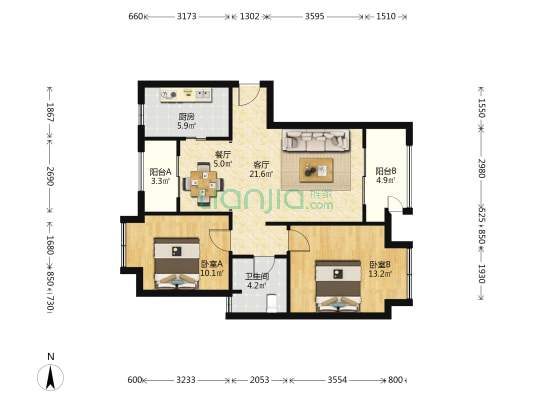 新城金郡1399弄 2室2厅1卫 91平方