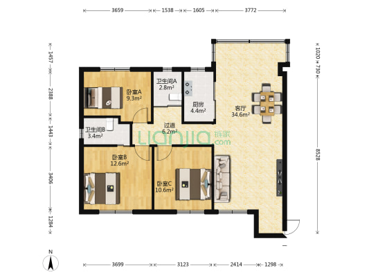 龙电B区 3室1厅2卫 93平方