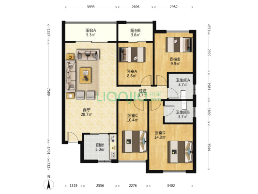 中豪城南时代 4室1厅2卫 122平方