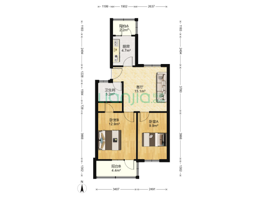 机研所宿舍 2室1厅1卫 65平方