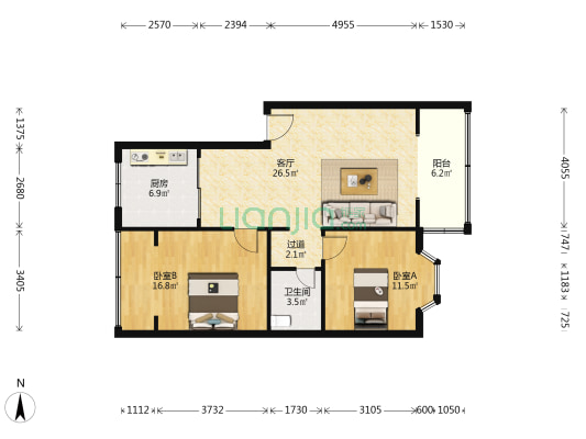 金龙雅苑 2室1厅1卫 90平方
