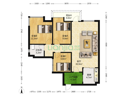 汇银环湖国际 3室1厅1卫 89平方