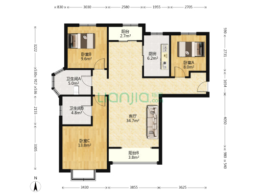 香邑溪谷南北通透大三居 自住标准精装-户型图