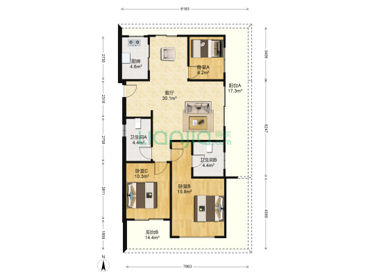 绿城之江1号 3室1厅2卫 110平方