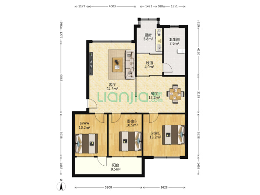 共青团西路148号院 3室2厅1卫 120平方
