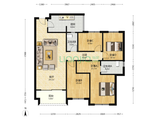 滨江翠屿 4室1厅2卫 108平方