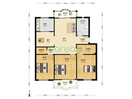 阳光公寓 3室2厅1卫 120平方