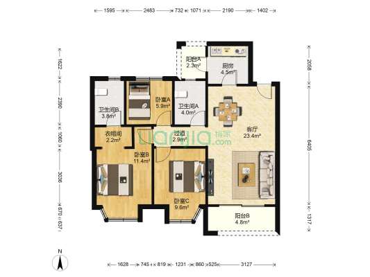 龙湖香醍西岸 3室1厅2卫 105平方