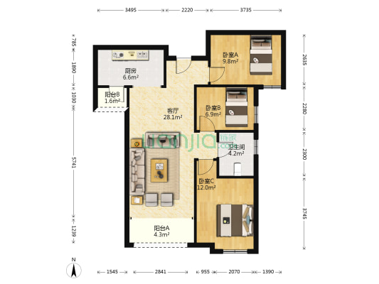 招商依云曲江 3室1厅1卫 100平方