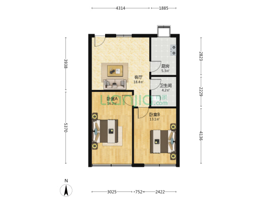 康家公寓 2室1厅1卫 69平方