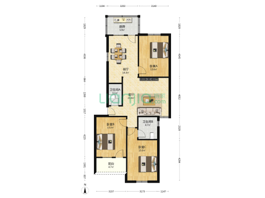 三香电力宿舍 3室2厅2卫 106平方