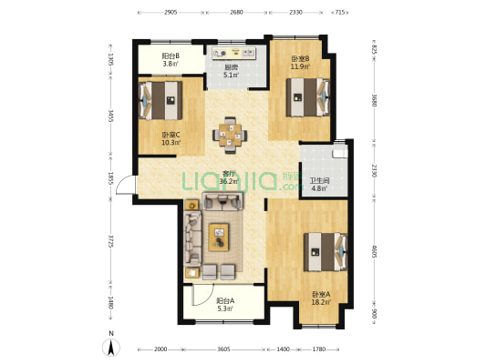 汉江水畔南区名仕苑 3室1厅1卫 128平方