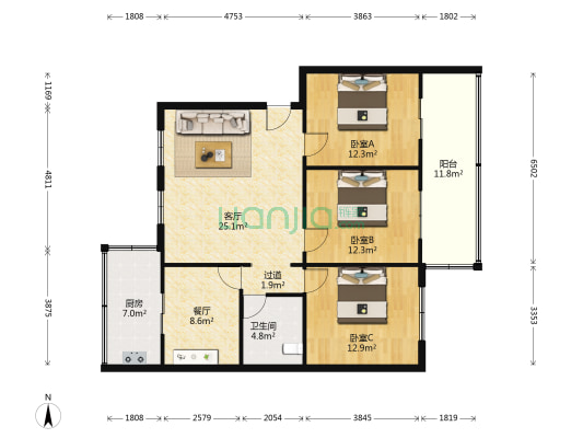 铭花苑小区 3室2厅1卫 115平方
