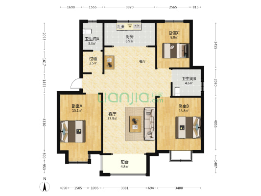 尧王香山丽墅 3室1厅2卫 129平方