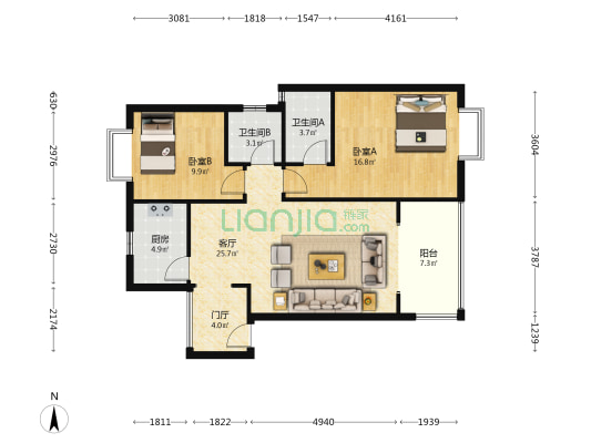 宫保府邸 2室1厅2卫 88平方