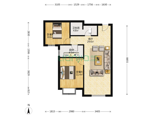 琉璃河三利中和城C区  已装修全阳两居室-户型图