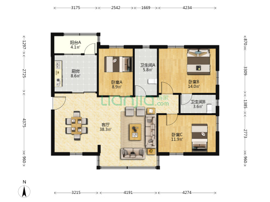 富丽家园爱华路 3室1厅2卫 110平方