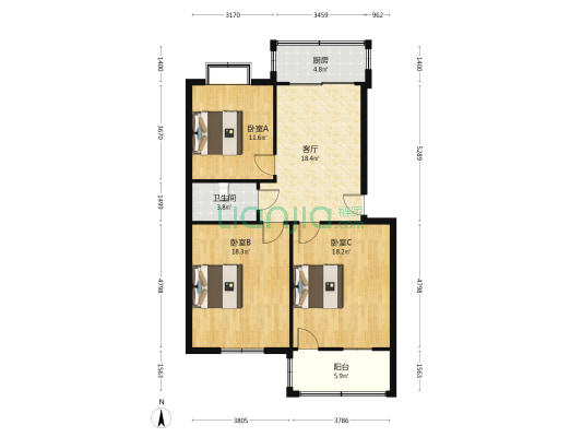 北中心街2号 3室1厅1卫 92平方
