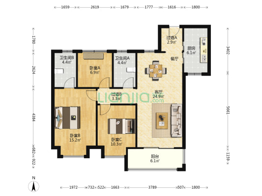 越秀亲爱里 3室1厅2卫 108平方