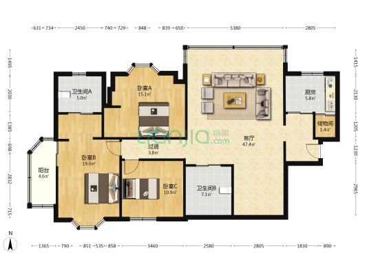 京都花苑 3室1厅2卫 166平方