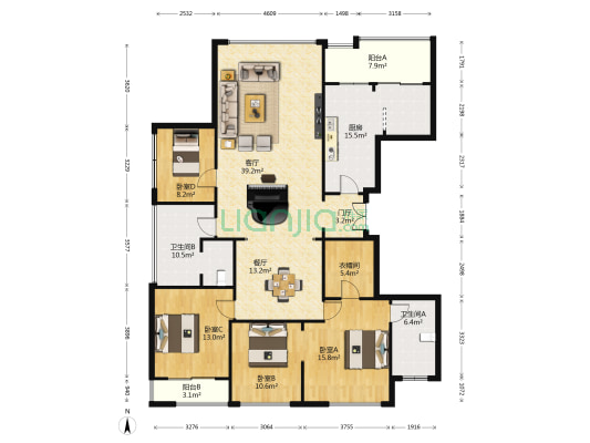 银泰海威国际 4室2厅2卫 192平方