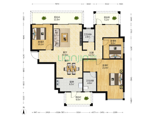 锦绣御园 3室1厅2卫 136平方