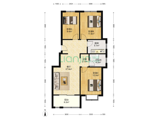 枣行社区 3室1厅1卫 101平方